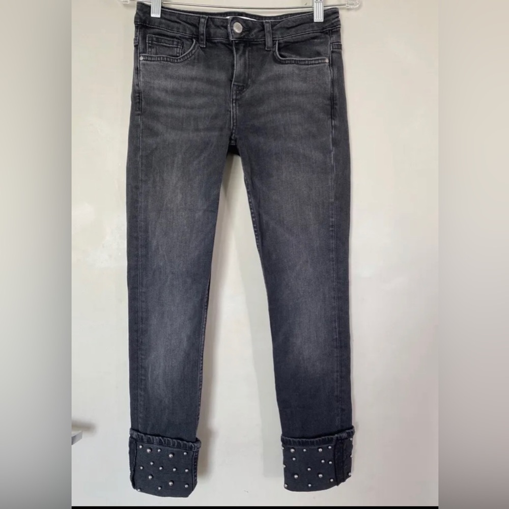 Zara Black 1975 Denim Metal Ball Studded Cuff Skinny Leg Jeans